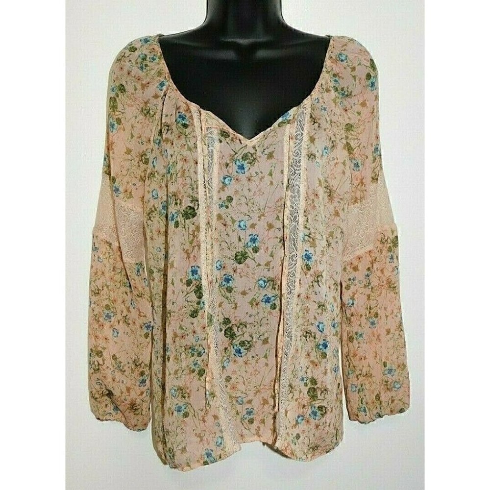 VERA WANG Princess sheer blouse, top, pink, peach with flowers, woman's size M